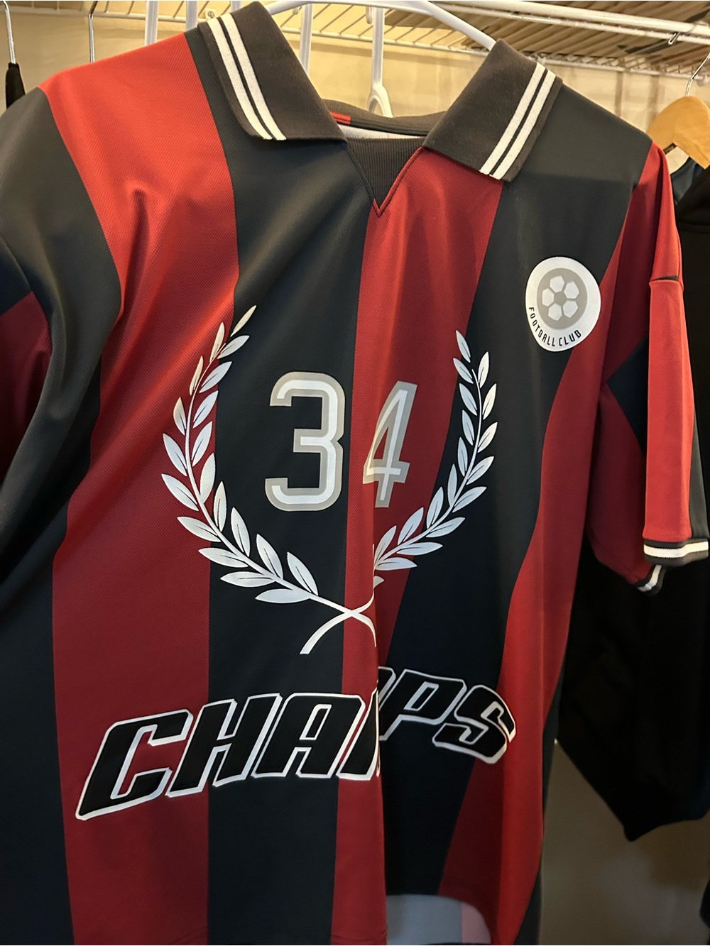 Chaps Red and Black Striped Soccer Jersey with Laurel and Number